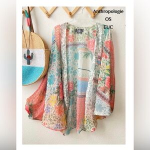 ANTHROPOLOGIE Floral Kimono Cardigan One Size Cocoon Boho Wrap Multi Print EUC